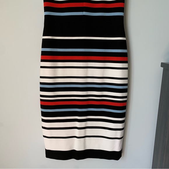 SZ6 MAGGY LONDON SLEEVELESS VNECK LINED SHEATH STRIPED DRESS BLUE BLUE WHITE RED - Picture 7 of 9